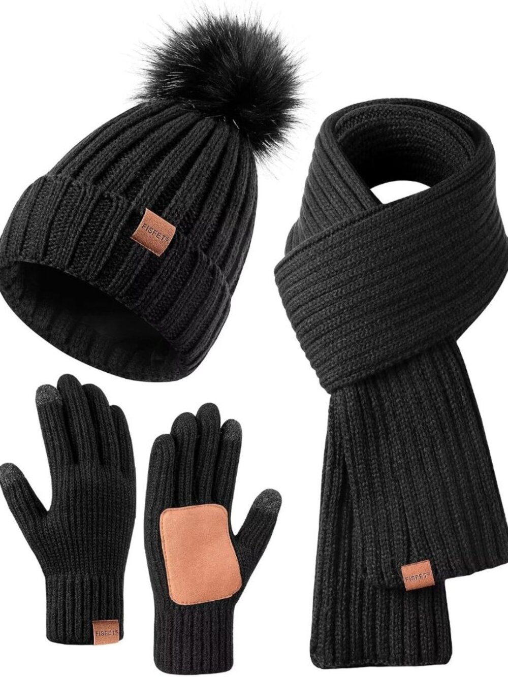 Cozy Winter Beanie, Scarf & Touchscreen Gloves Set for Women - Pom Pom Style